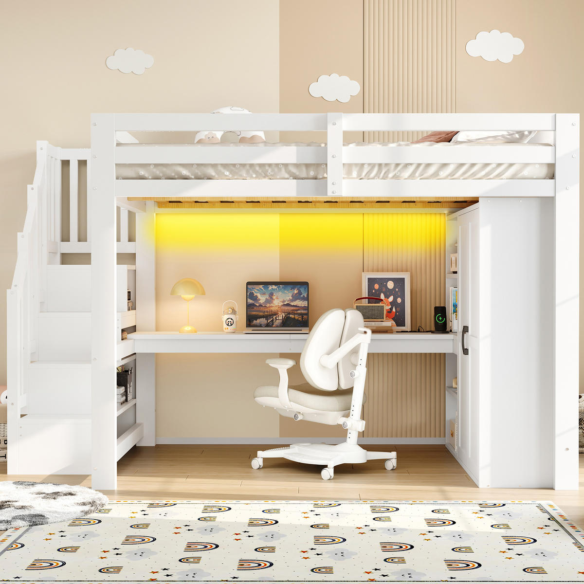 HOCHBETT 140/200 cm DE-03374, mit Schreibtisch, Kleiderschrank, Stauraumtreppe und LED, in Weiß - Weiß, Holz/Holzwerkstoff (140/200cm) - ComfortXL
