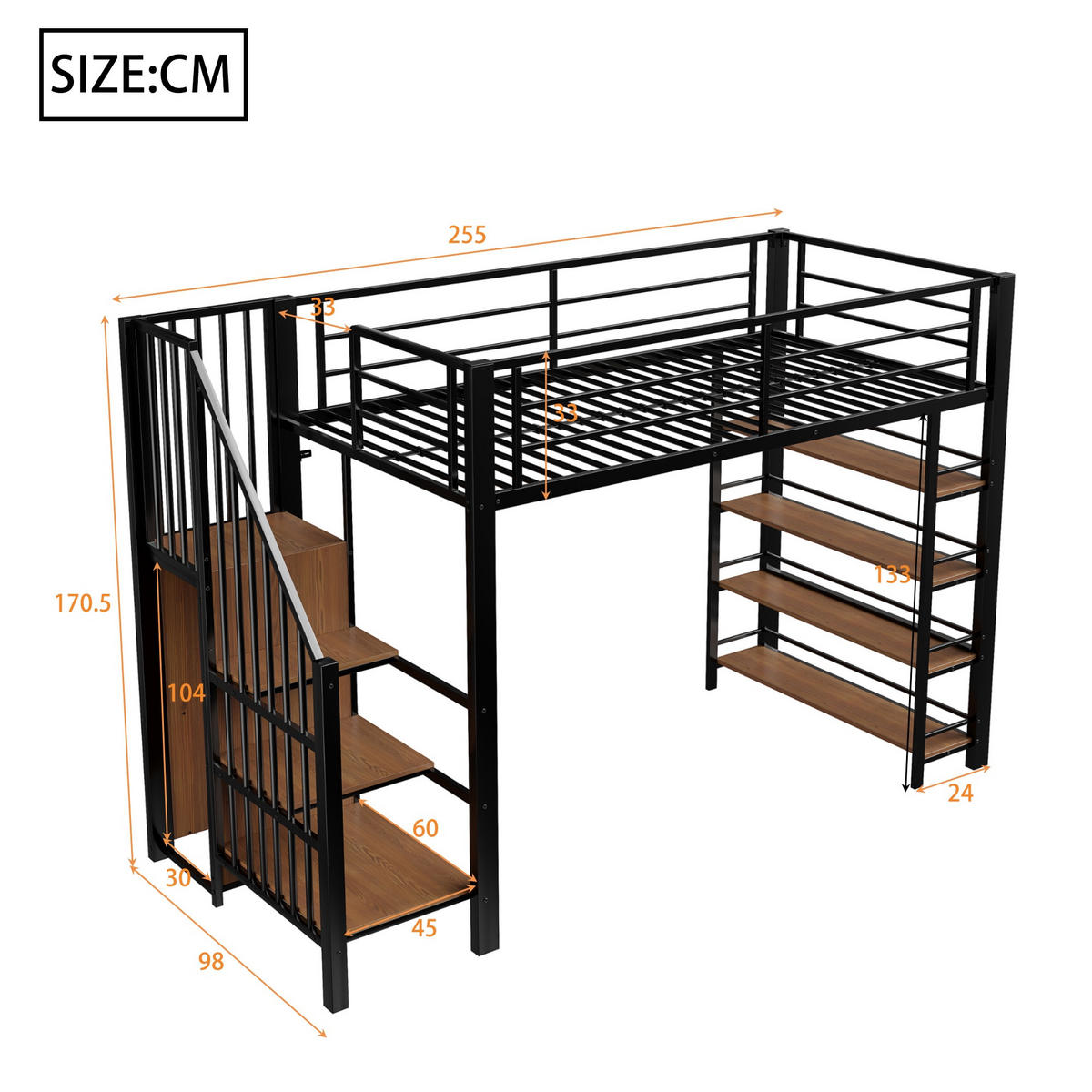 HOCHBETT 90/200 cm DE-01616, in Schwarz, mit Sicherheitstreppe und Kleiderschrank - Schwarz, Metall (90/200cm) - ComfortXL