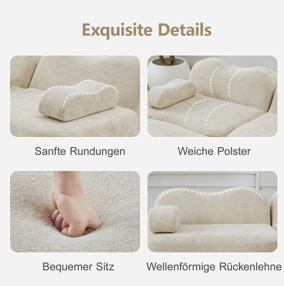 ECKSOFA modular mit Ottomanen, Wellenform und Samtbezug, Beige - Beige, Textil (384/167cm) - Redom