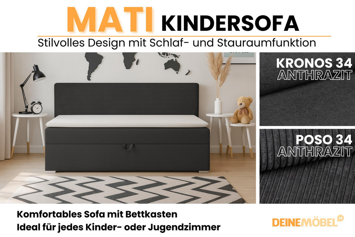 BOXBETT MATI 100/200 Anthrazit mit Taschen-Federkernmatratze H4 - Anthrazit, Holz/Holzwerkstoff (100/200cm) - Deine Möbel 24