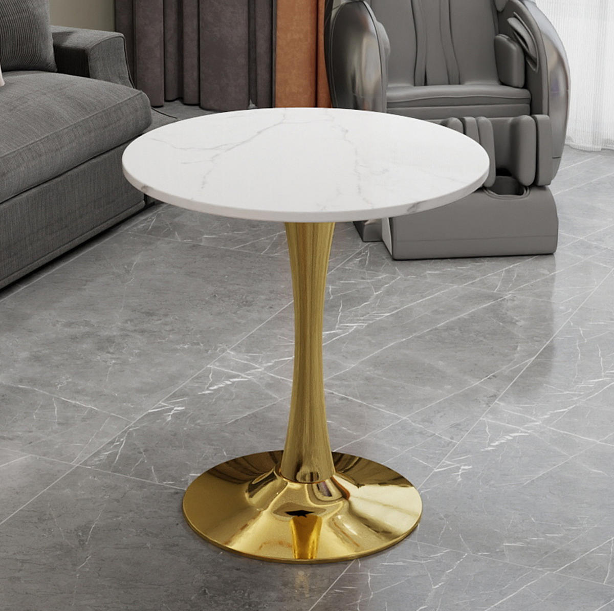 COUCHTISCH 70,1 cm in Gold-Weiß aus Kunstmarmor–rund und vielseitig - Goldfarben, Stein (70/70/72cm) - Flora Grace