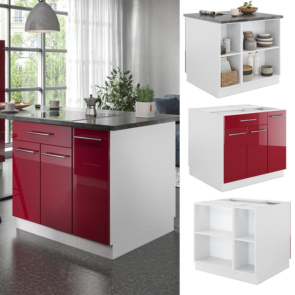 KÜCHENINSEL Fame-Line Bordeaux Hochglanz/Weiß 90 cm mit Schublade ohne AP - Bordeaux/Weiß, Holzwerkstoff (90/82/60cm) - Vicco