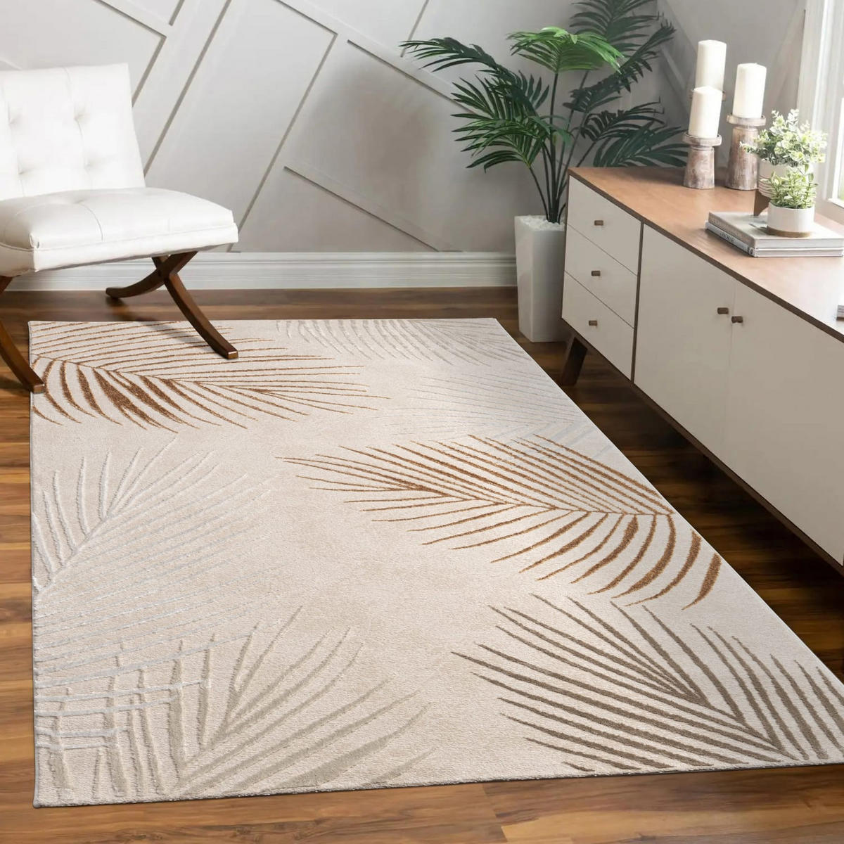 TEPPICH Kurzflor Blätter Wohnzimmer schmutzabweisend Beige Rechteckig 160x230 - Beige, Textil (160/230cm) - KADIMA DESIGN