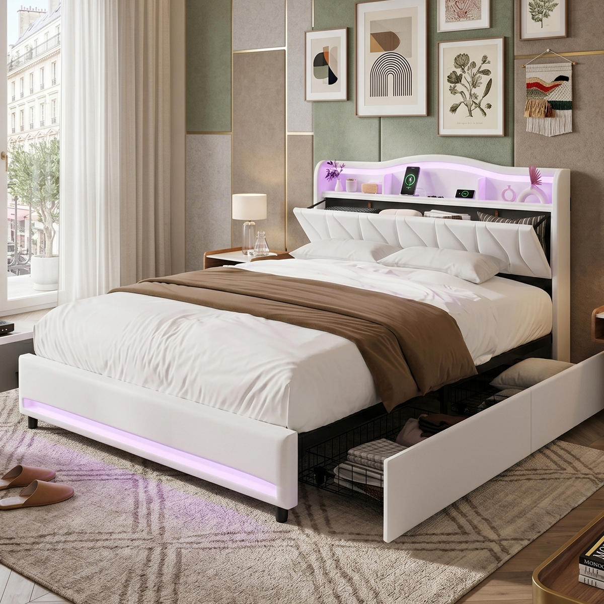 POLSTERBETT Geometrisch 140/200 cm mit 4 Schubladen & App-LED Samtoptik Beige - Beige, Textil (140/200cm) - Creahappy