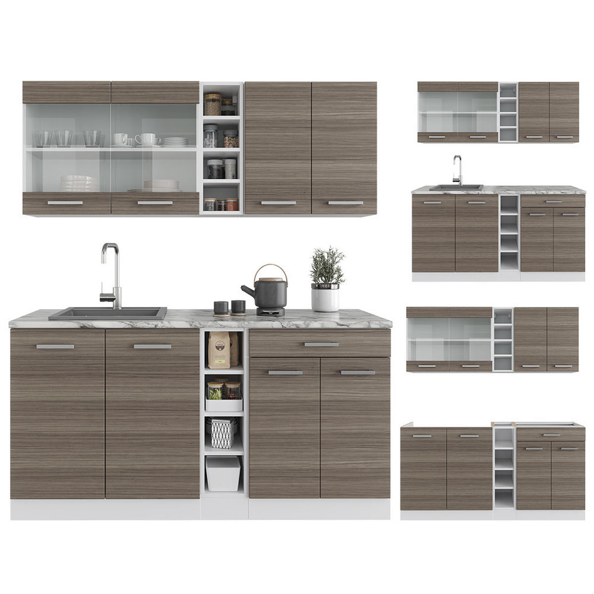 SINGLEKÜCHE R-Line Edelgrau/Weiß 160 cm, AP Marmor - Braun/Weiß, Holzwerkstoff (160/81.6/60cm) - Vicco