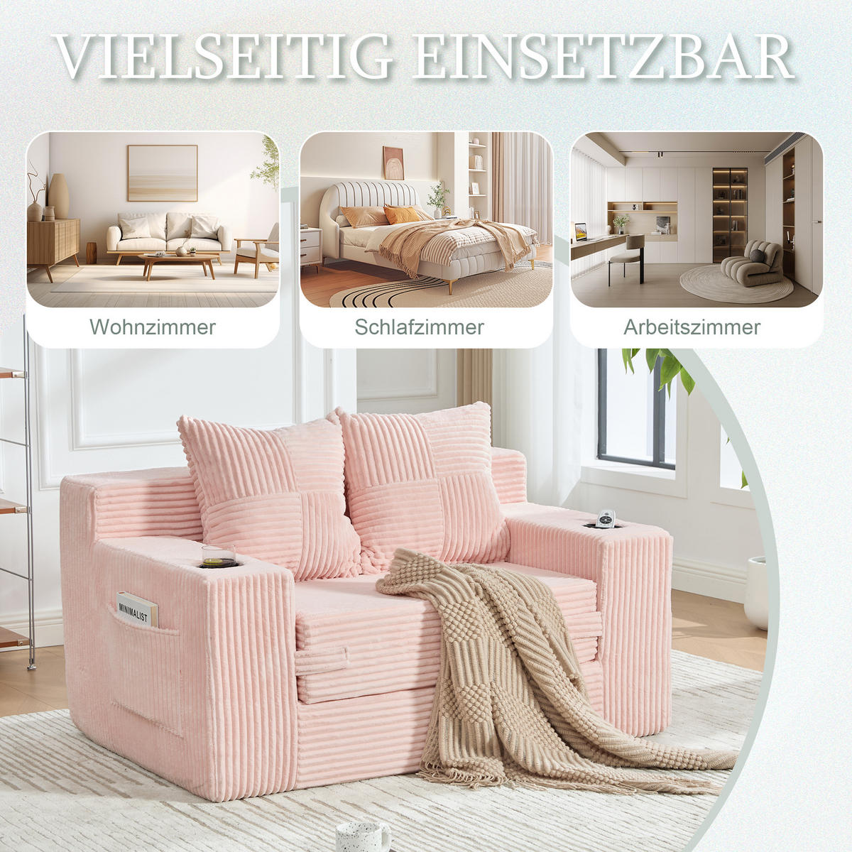 1,5-SITZER ausklappbar, Getränkehalter/Seitentasche, Cord, Rosa - Rosa, Textil (133/64/87cm) - LVHOM