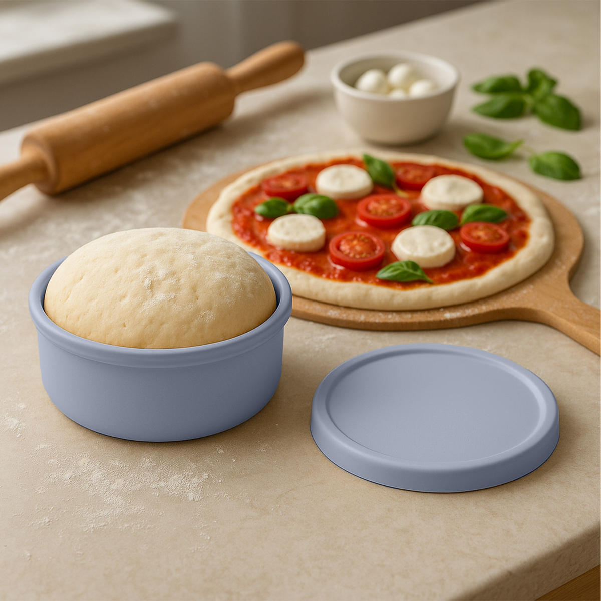 PIZZATEIGBOX Blau 4er-Set Silikon mit Deckel 6,5x14,5 cm - Blau, Kunststoff (14.5/6.5/14.5cm) - Relaxdays