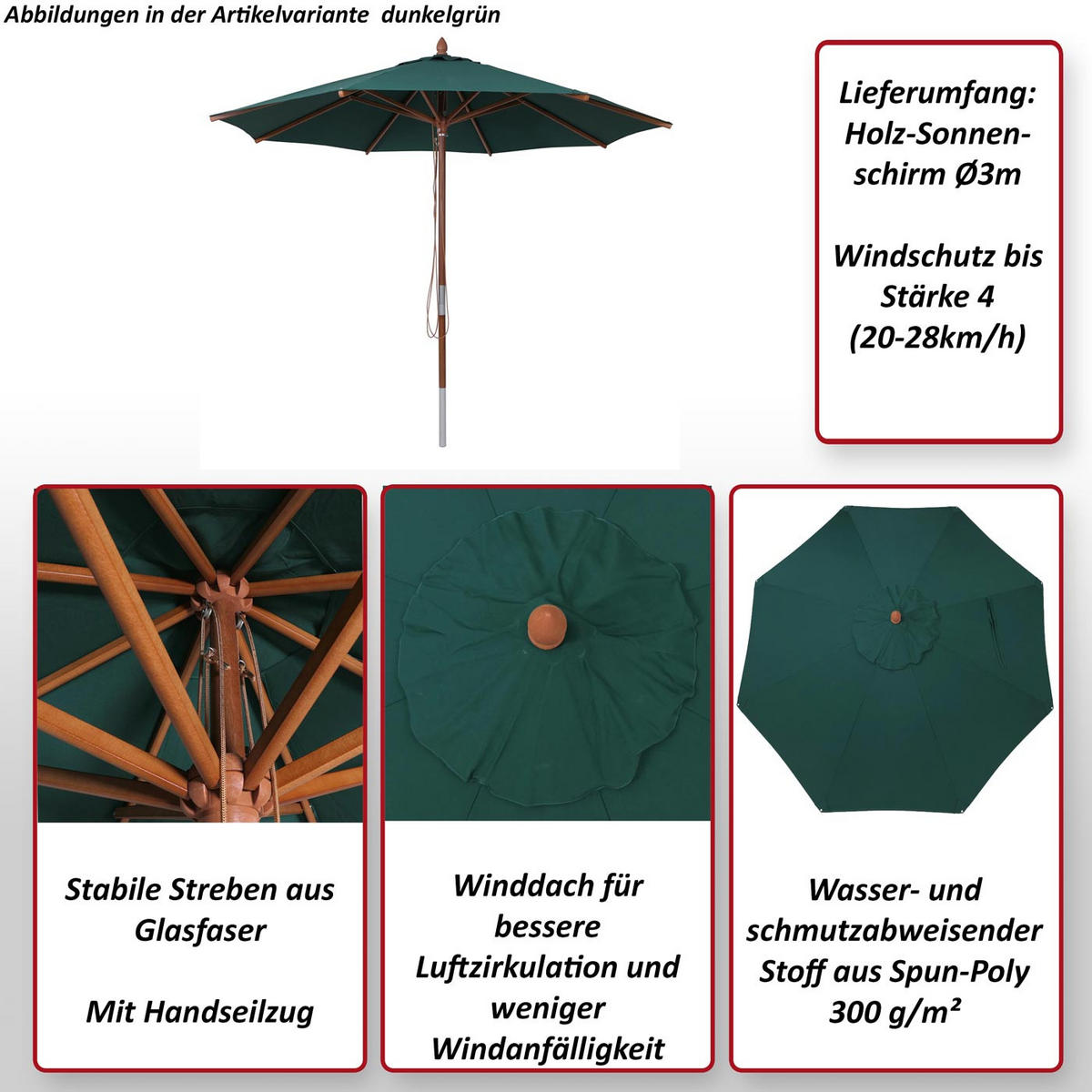 SONNENSCHIRM C57B Dunkelgrün - Dunkelgrün, Holz (300/300cm) - MCW