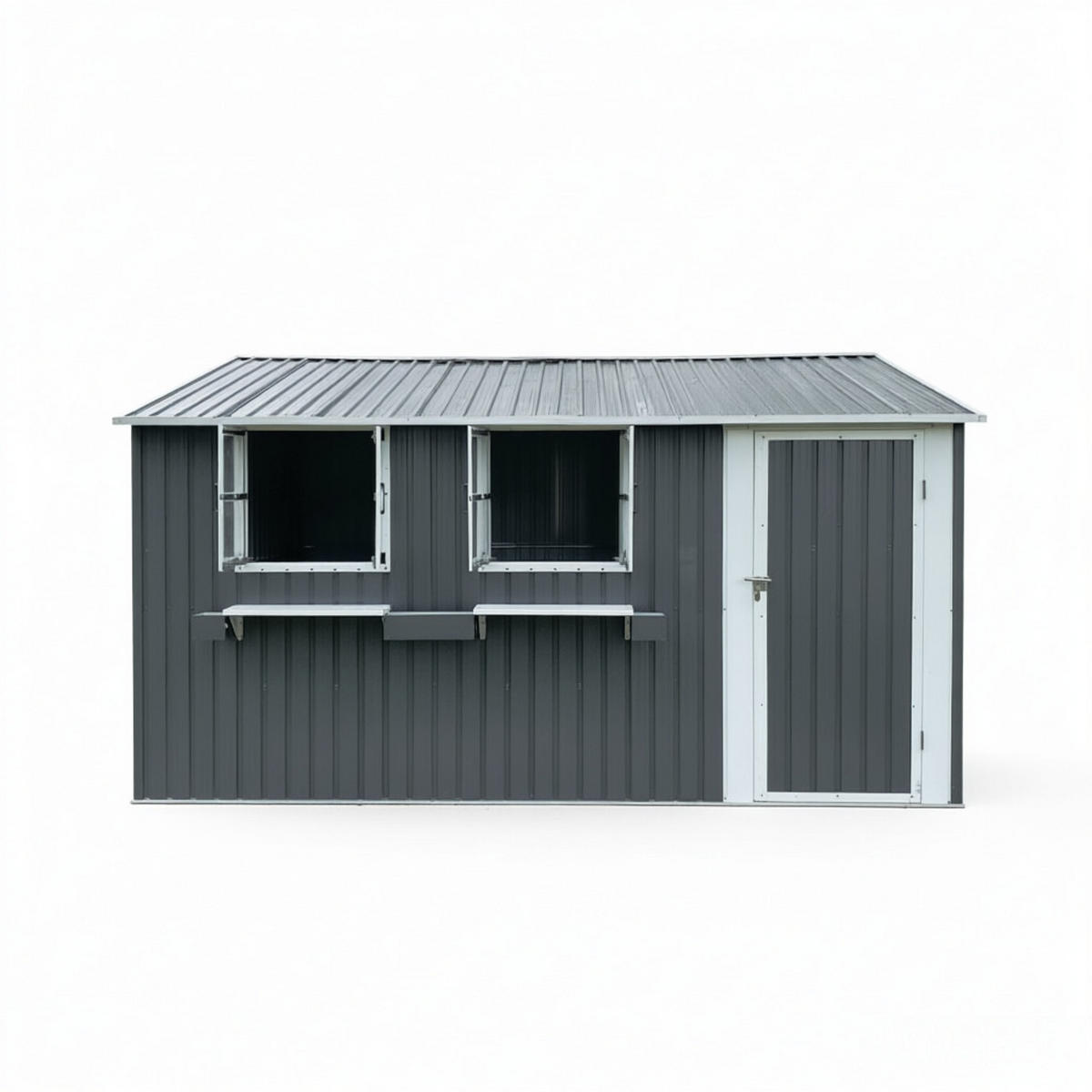 GERÄTEHAUS 359.4/284.2/206.9 cm Grau mit 3 öffenbaren Fenstern, abschließbaren Doppeltüren und Blumenregal (10,21 m²) - Grau, Metall (303.8/204.9/370.8cm) - Oxeza