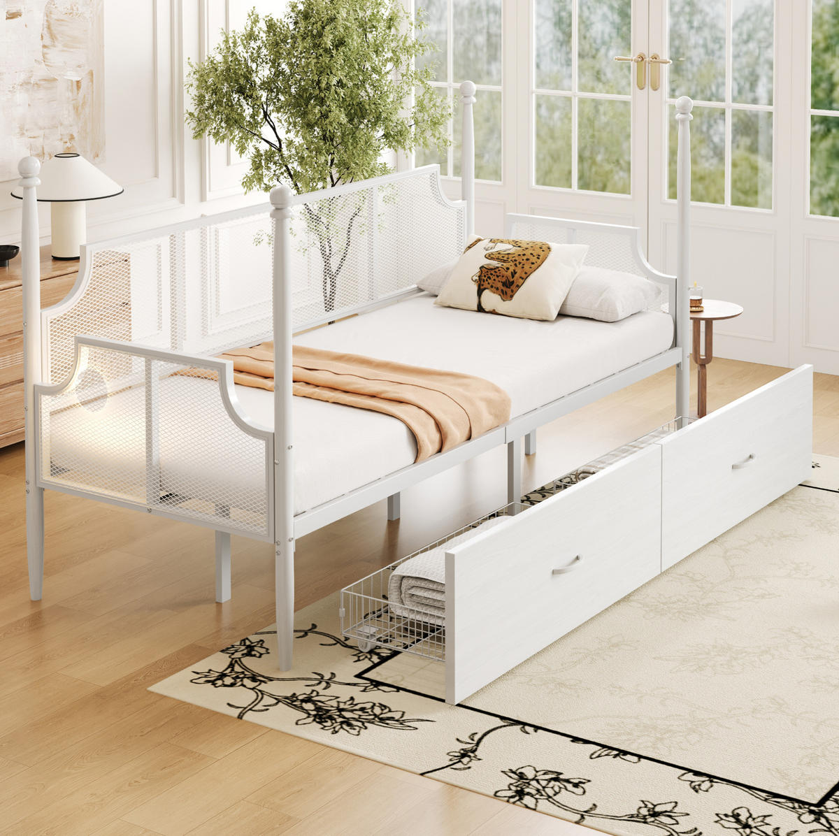 METALLBETT 90/200 cm weiß mit Vintage-Rückenlehne und Ablagefächern - Weiß, Metall (90/200cm) - OKWISH