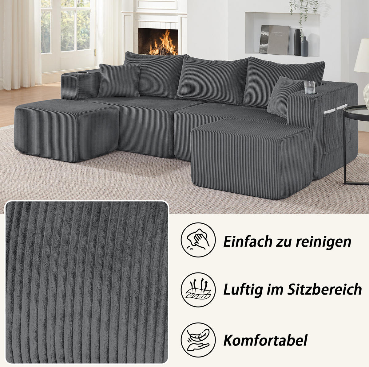 SOFA modulares Ecksofa 3-Sitzer Cord Gray mit 2 Ottomanen - Grau, Kunststoff (230/75/138cm) - IVMEU