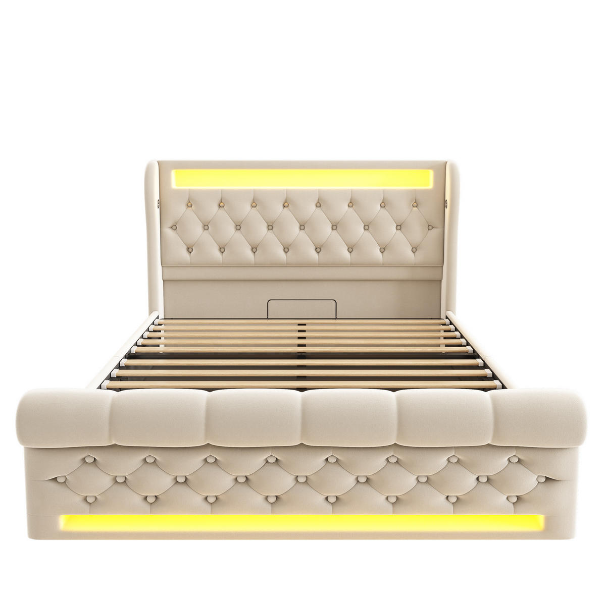 POLSTERBETT aus Samt 160x200 cm Beige mit LED-Beleuchtung, USB- und USB-C-Anschlüssen - Beige, Textil (160/200cm) - IVMEU