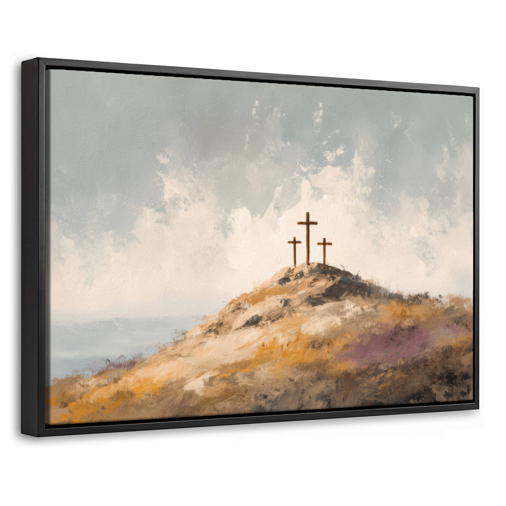 LEINWAND Bilder mit Rahmen - Hügel - Abstrakt - Christentum - Kreuz - 30x20 - Hellgrau, Textil (30/20cm) - MuchoWow