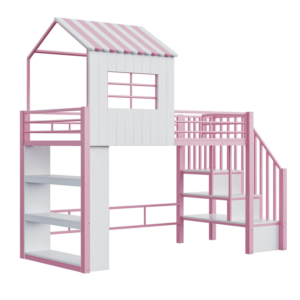 HAUSBETT 90x200 Rosa Metall Stauraum Treppe - Pink, Metall (90/200cm) - FLIEKS
