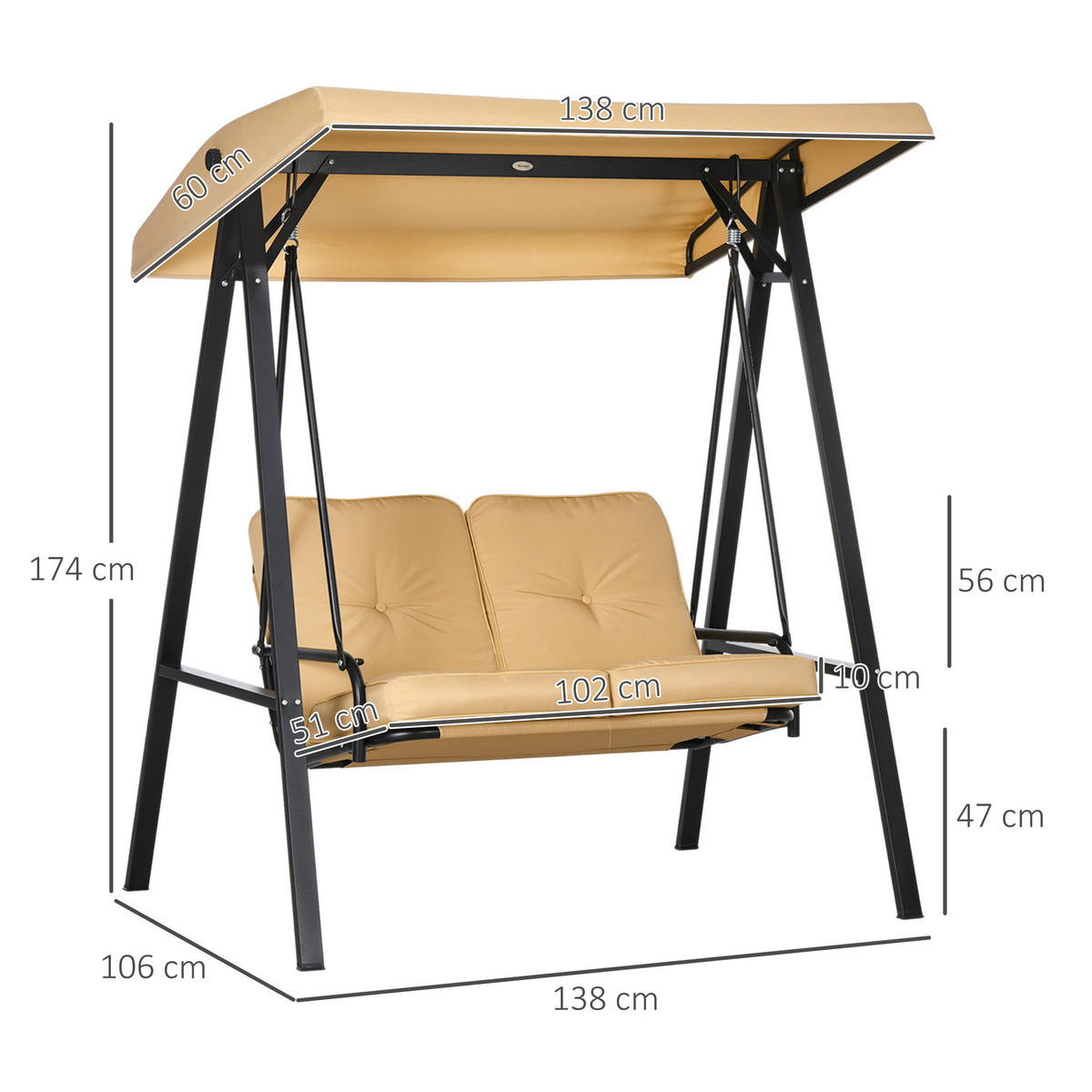 HOLLYWOODSCHAUKEL 3 Sitzer Dach 220 kg beige - Beige, Metall (138/174/106cm) - LEBENLANG
