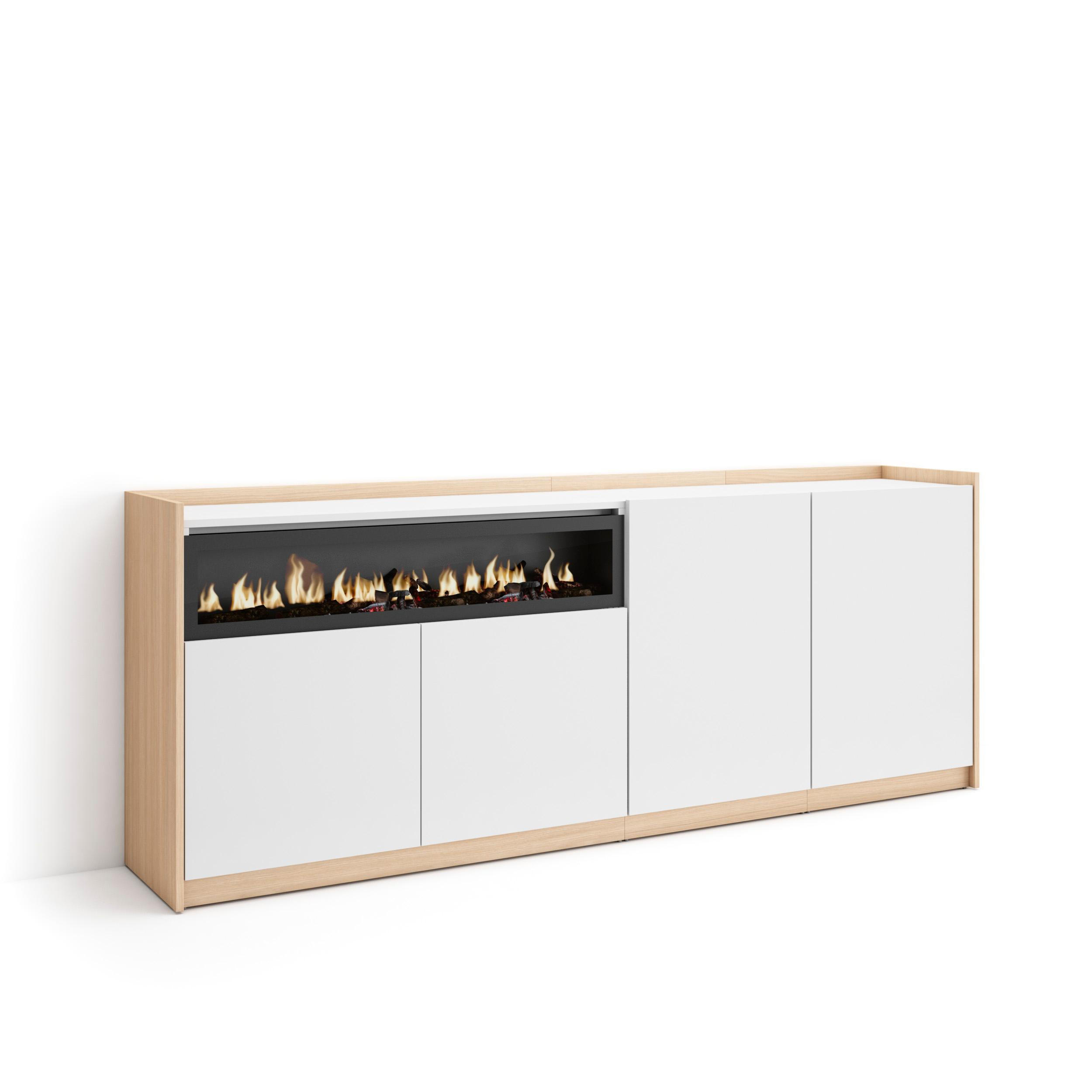 SIDEBOARD, Highboard, Weiß und Eiche Soft, Elektrokamin, 207/37/80cm - Weiß, Holzwerkstoff (207/80/37cm) - Skraut Home