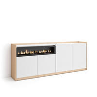 SIDEBOARD, Highboard, Weiß und Eiche Soft, Elektrokamin, 207/37/80cm - Weiß, Holzwerkstoff (207/80/37cm) - Skraut Home