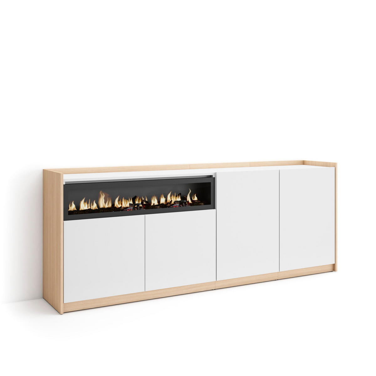SIDEBOARD, Highboard, Weiß und Eiche Soft, Elektrokamin, 207/37/80cm - Weiß, Holzwerkstoff (207/80/37cm) - Skraut Home