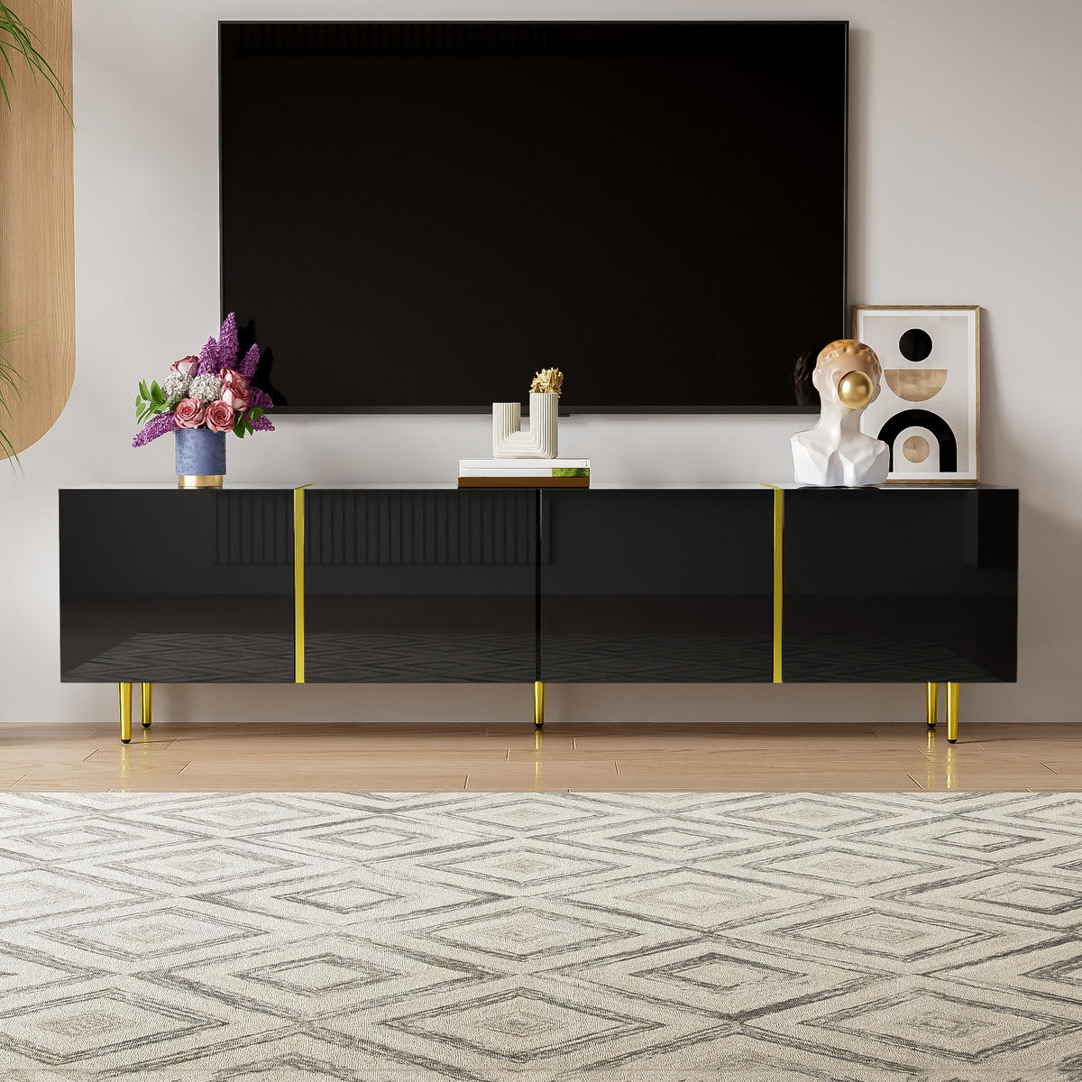 LOWBOARD in Schwarz und Gold Hochglanz-TV-Schrank mit 4 Türen für Wohnzimmer, B170/T35/H46 cm - Goldfarben/Schwarz, Holzwerkstoff/Metall (170/46/35cm) - STILVORA