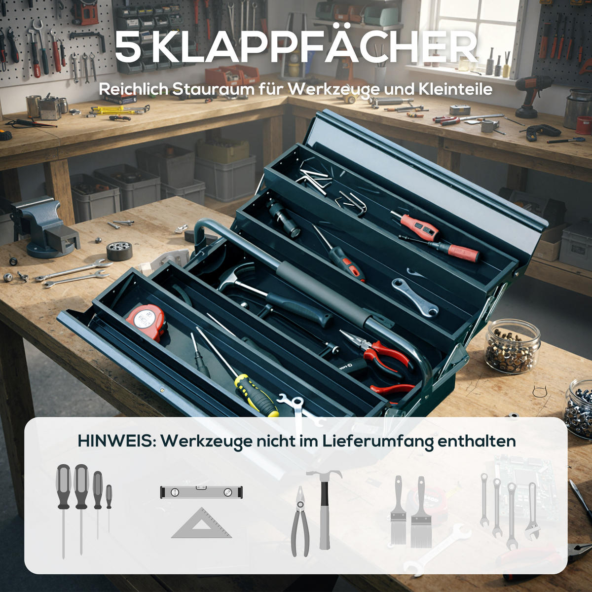 WERKZEUGKASTEN Werkzeugkoffer 5 Fächer aufklappbar Stahl 45 x 20 x 34,5cm - Dunkelgrün, Metall (20/34.5/45cm) - DURHAND