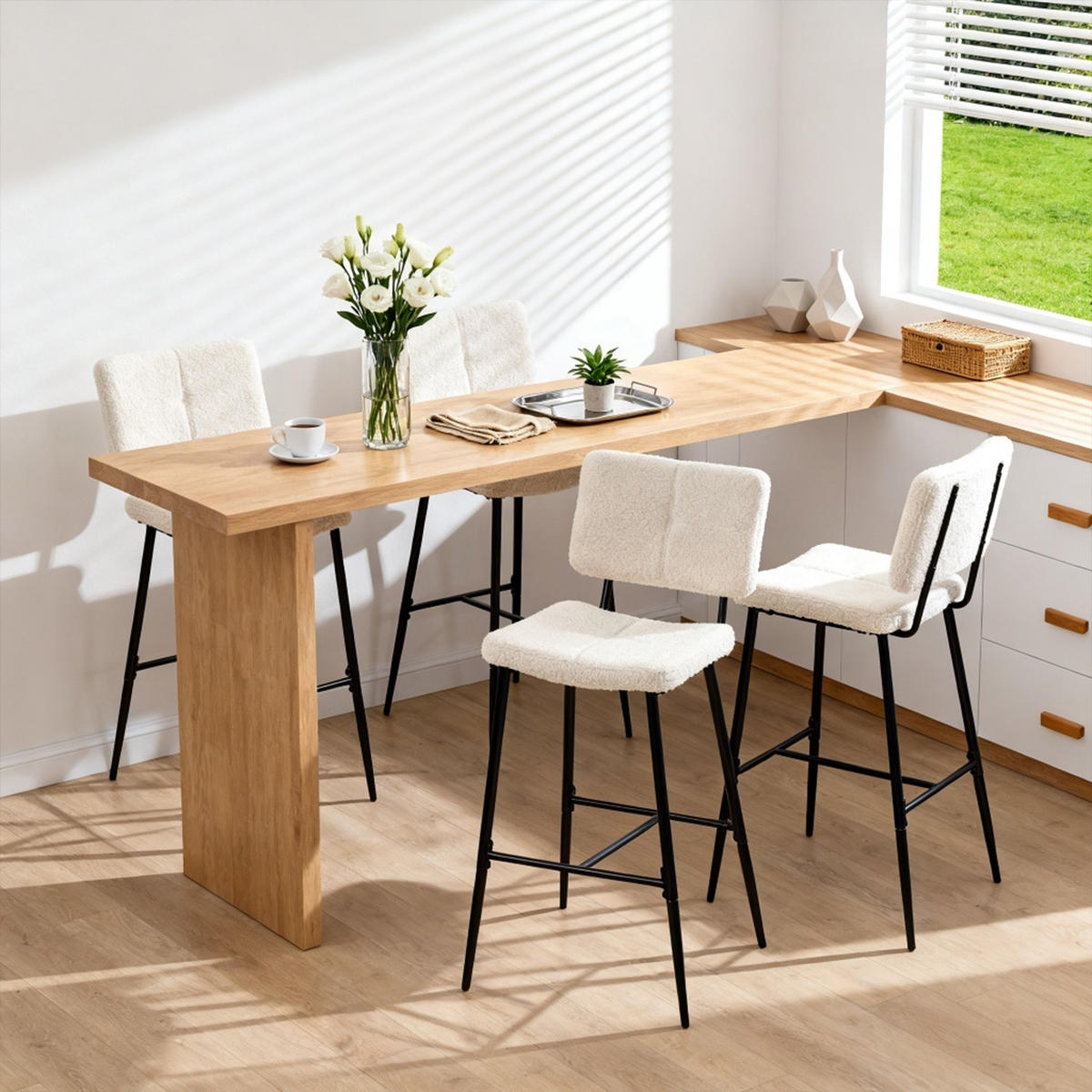 BARHOCKER 4er-Set in Eisen Bouclé-Stoff - Beige, Metall (46.5/104/53cm) - Meubles Cosy