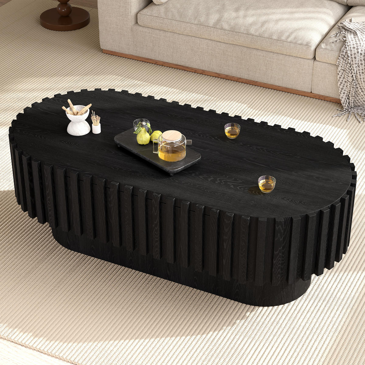 COUCHTISCH 100/50/35,5 cm mit Schublade und Lamellenoptik in Schwarz - Schwarz, Holzwerkstoff (50/100/35.5cm) - CHICFURN