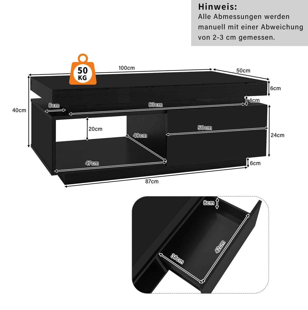 COUCHTISCH 100/50/40,3 cm in Schwarz mit LED-Beleuchtung und Schublade - Schwarz, Holzwerkstoff (100/50/40cm) - Flora Grace
