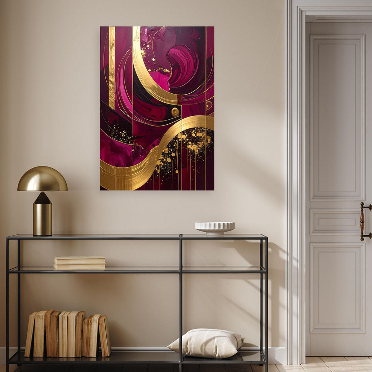 LEINWANDBILDER, Geometrische Abstraktion in Burgunderrot und Gold - Multicolor, Textil (80/120cm) - Feeby