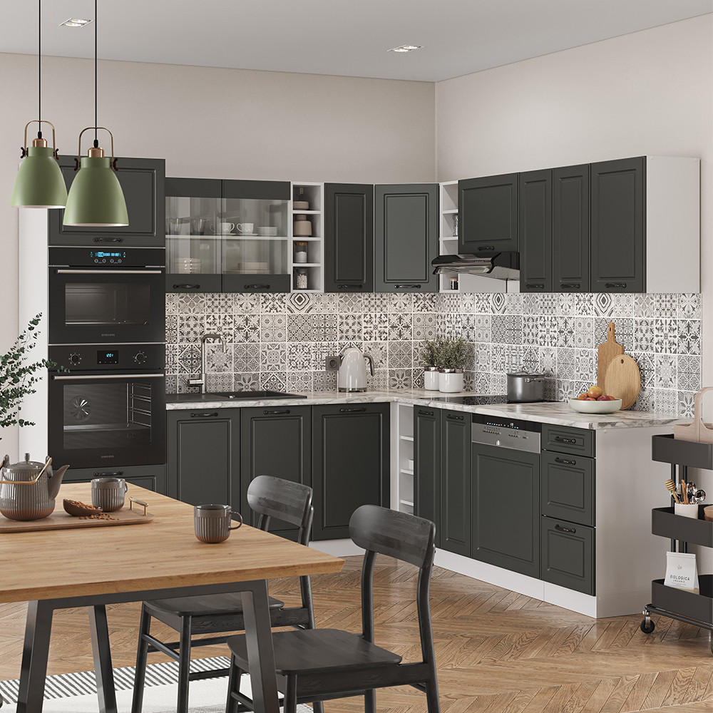 ECKKÜCHE R-Line Anthrazit Landhaus/Weiß 237 x 60 cm, AP Marmor - Anthrazit/Weiß, Holzwerkstoff (247/81.6/60cm) - Vicco