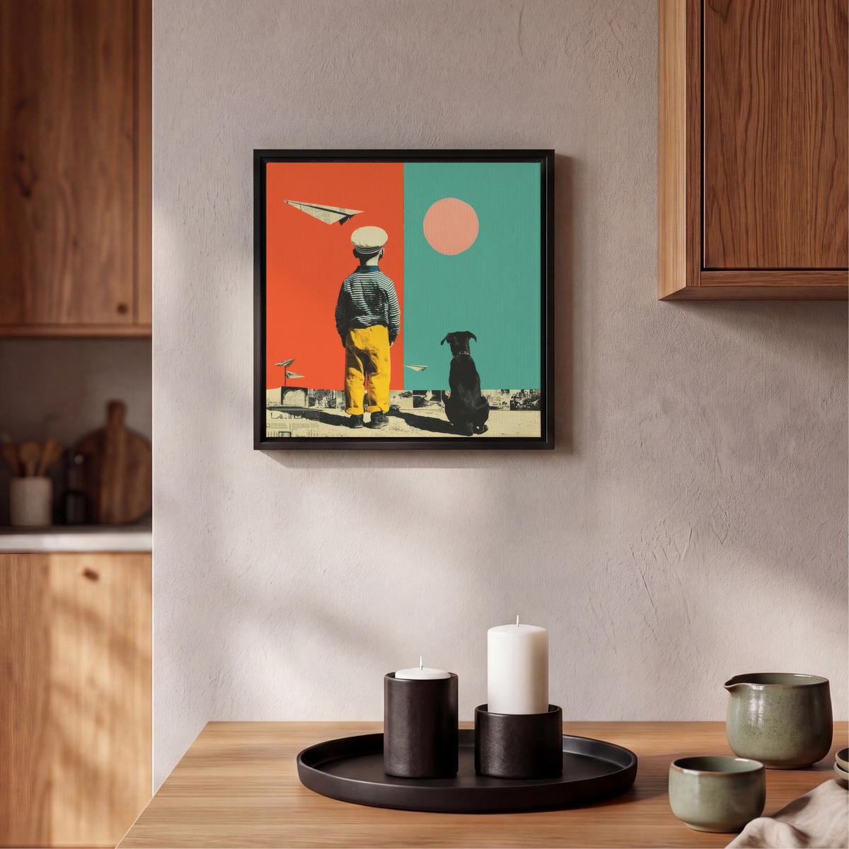 LEINWAND Bilder mit Rahmen - Retro - Junge - Hund - Rot - Grün - 20x20 - Orange, Textil (20/20cm) - MuchoWow