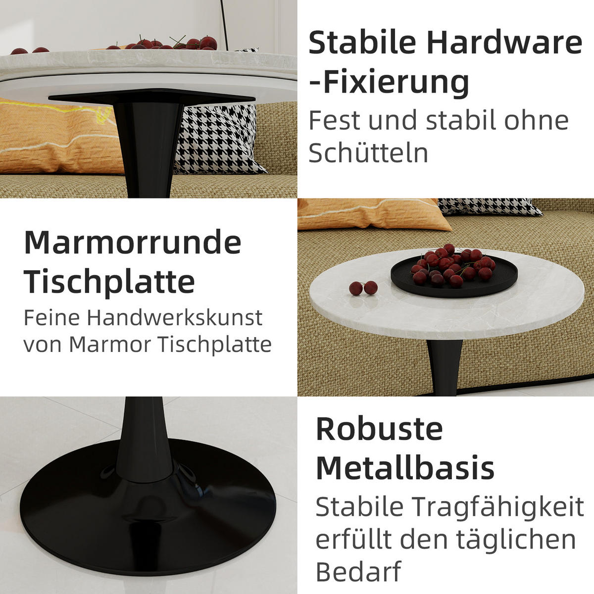 COUCHTISCH rund 70/70/72 cm Schwarz Weiß mit Kunstmarmorplatte im minimalistischen Design - Schwarz, Stein (70/70/72cm) - OKWISH