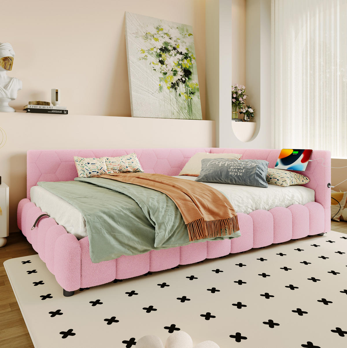TAGESBETT 140/200 cm mit LED-Lichtleiste, USB, Typ-C und hydraulischem Bettkasten, Vliesimitat, Rosa - Rosa, Textil (140/200cm) - Redom
