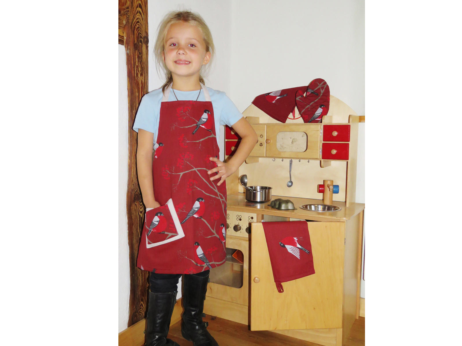 KINDERKOCHSET Beeren Vögel 4tlg One Size - Rot/Weinrot, Textil (47/55cm) - beties Heimtextil