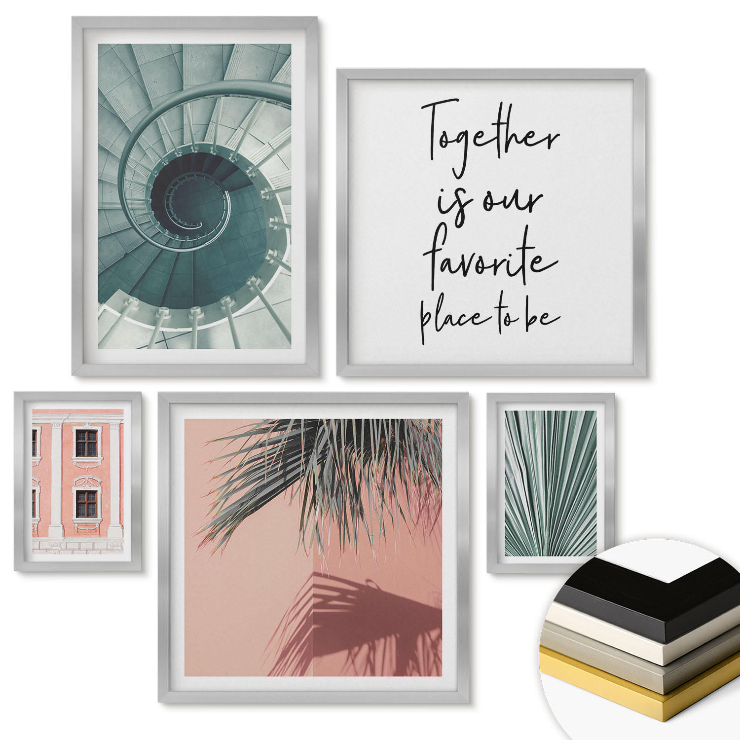 WANDBILDER 5er Set - 50x50 cm & 20x30 cm & 40x60 cm Silberner Rahmen - Architektur-Pastellmuster - Silberfarben, Kunststoff (40/60cm) - ArtPrintCave