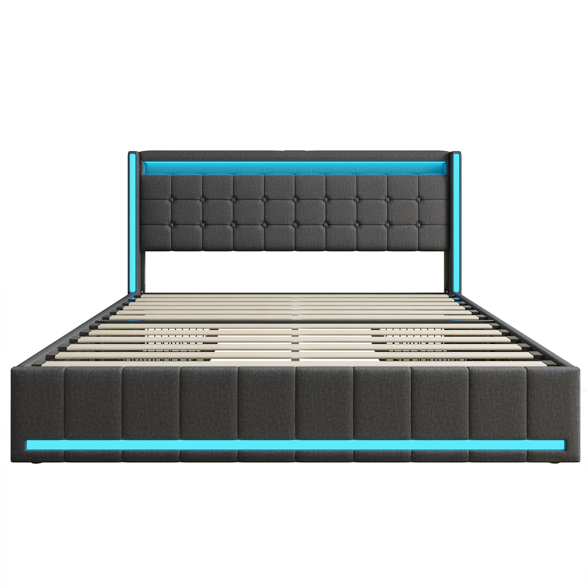 POLSTERBETT 160x200 cm mit 4 Schublade, Doppelbett 160x200 cm mit LED und USB, Lattenrost, Bett 160x200, Dunkelgrau Leinenstoff - Dunkelgrau, Holzwerkstoff/Textil (160/200cm) - GENKI LIVING