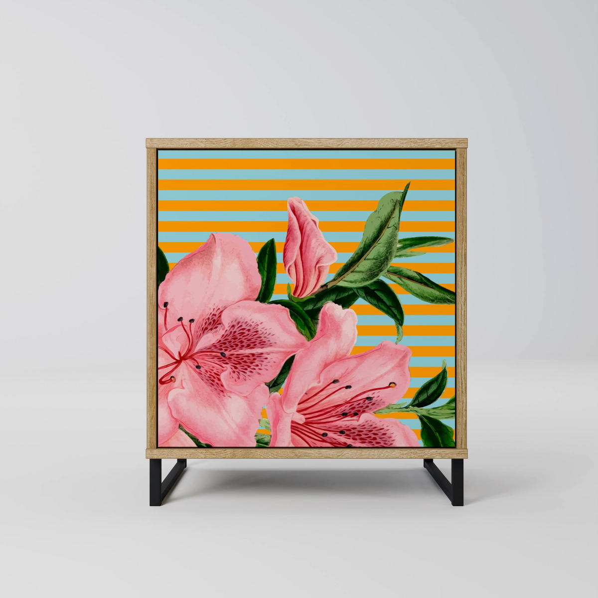 SIDEBOARD FRAGILE BEAUTY, Eichefarben, 57,5x42x67,5 cm, Schwarze Metall-Rahmenfüße - Eichefarben/Multicolor, Holzwerkstoff/Metall (57.5/67.5/42cm) - SpaceRebels