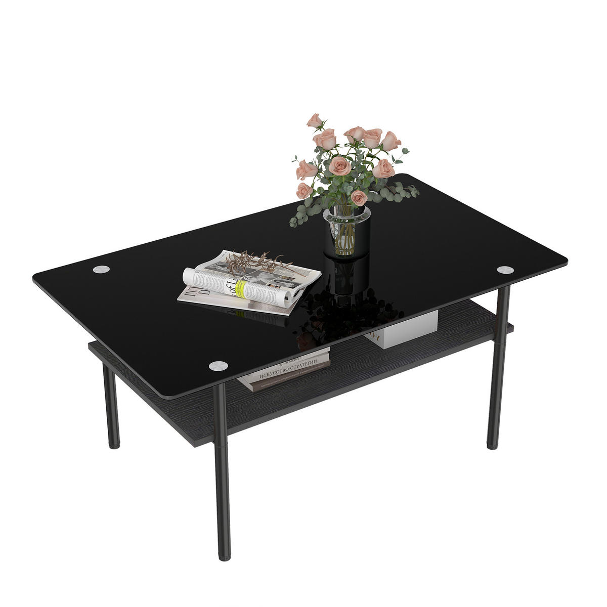 COUCHTISCH DE-37418 rechteckig mit schwarzer Glasplatte Schwarz - Schwarz, Metall (98/58/45cm) - ComfortXL