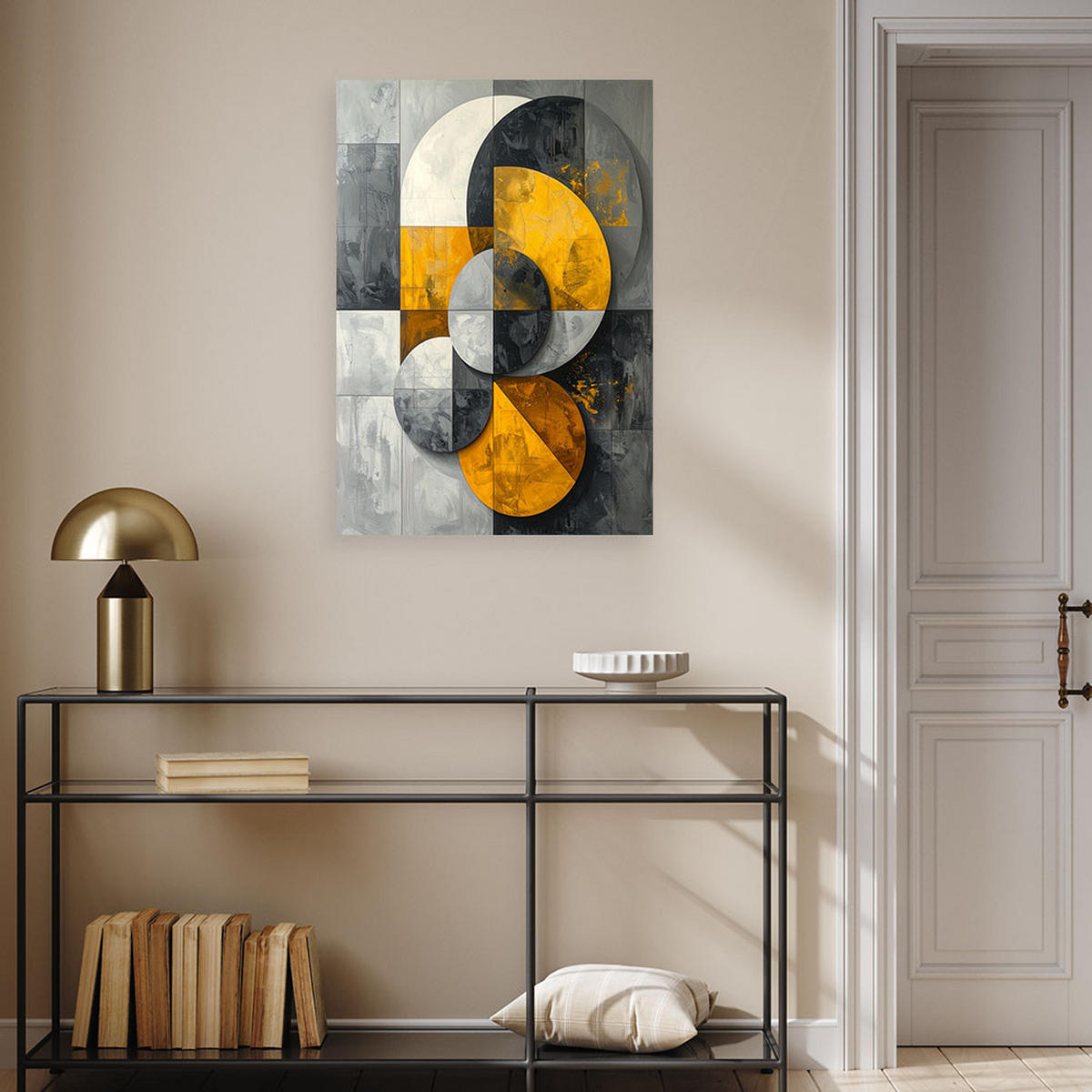 BILD auf Leinwand, Geometrische Abstraktion mit Kreisen in Grau und Gold. - Gelb, Textil (30/45cm) - Feeby