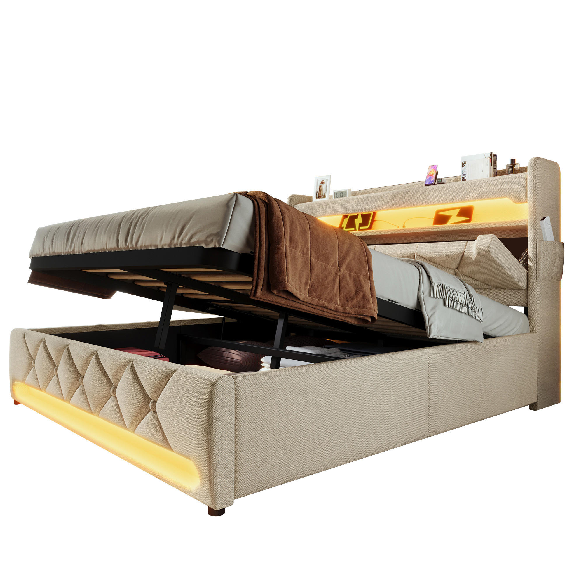 POLSTERBETT aus Leinen 180x200 cm in Beige mit LED-Beleuchtung & USB-C - Beige, Textil (180/200cm) - Modfu