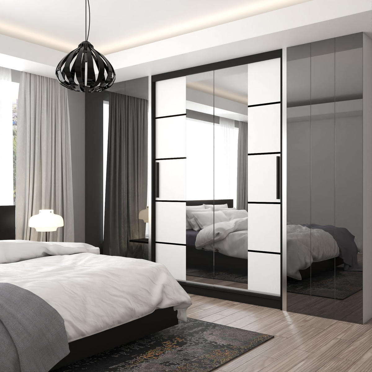 BELINI Verona, komoda s posuvnými dverami, 133 cm, čierno-biela, matný povrch – šatová skriňa so zrkadlom a 2 zásuvkami, vhodná do spálne - biela, drevo (133/216/60cm) - B BELINI GROUP