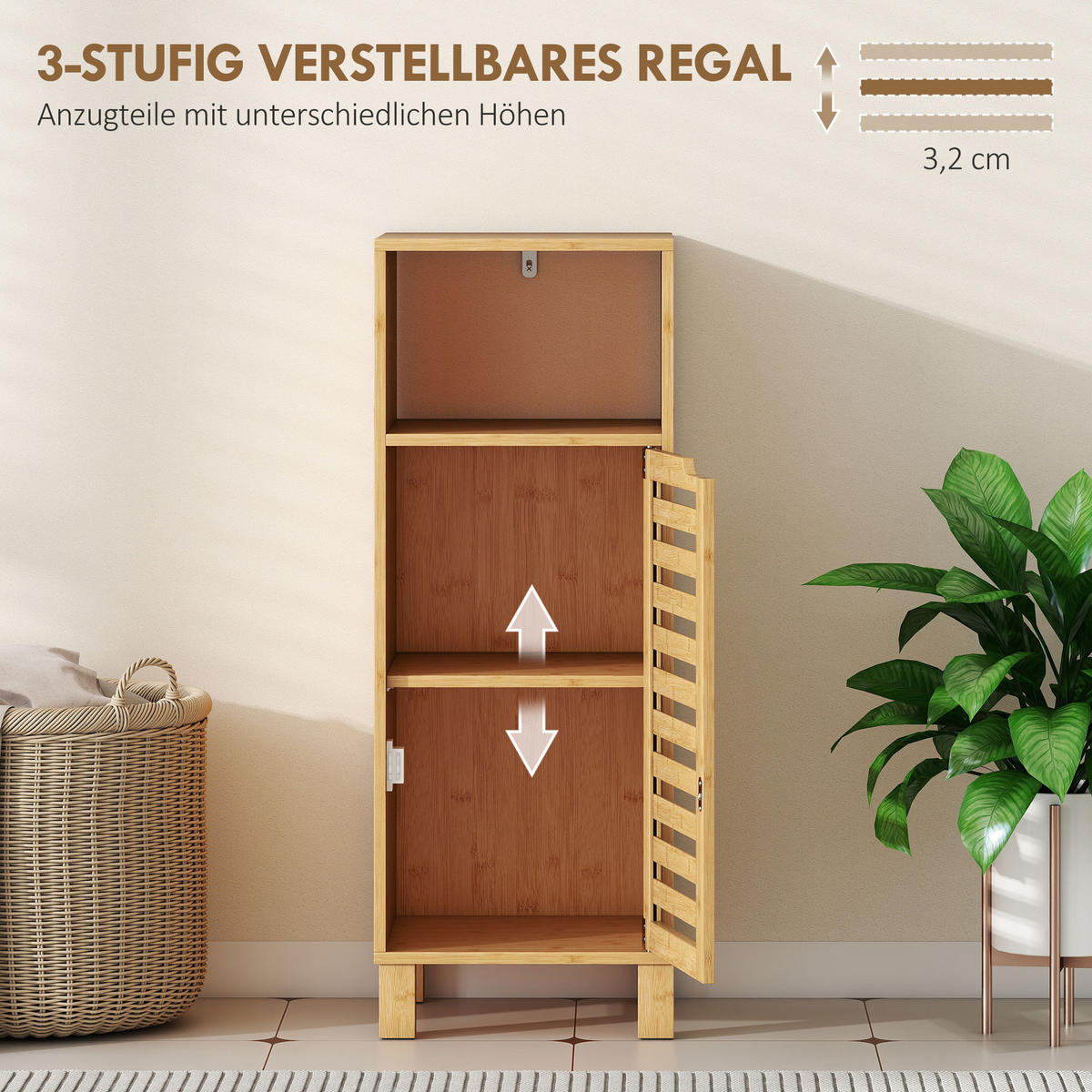 BADEZIMMERSCHRANK Badschrank schmal mit verstellbaren Regalen, offenem Fach - Naturfarben, Holz/Bambusholz (30/80/30cm) - HOMCOM