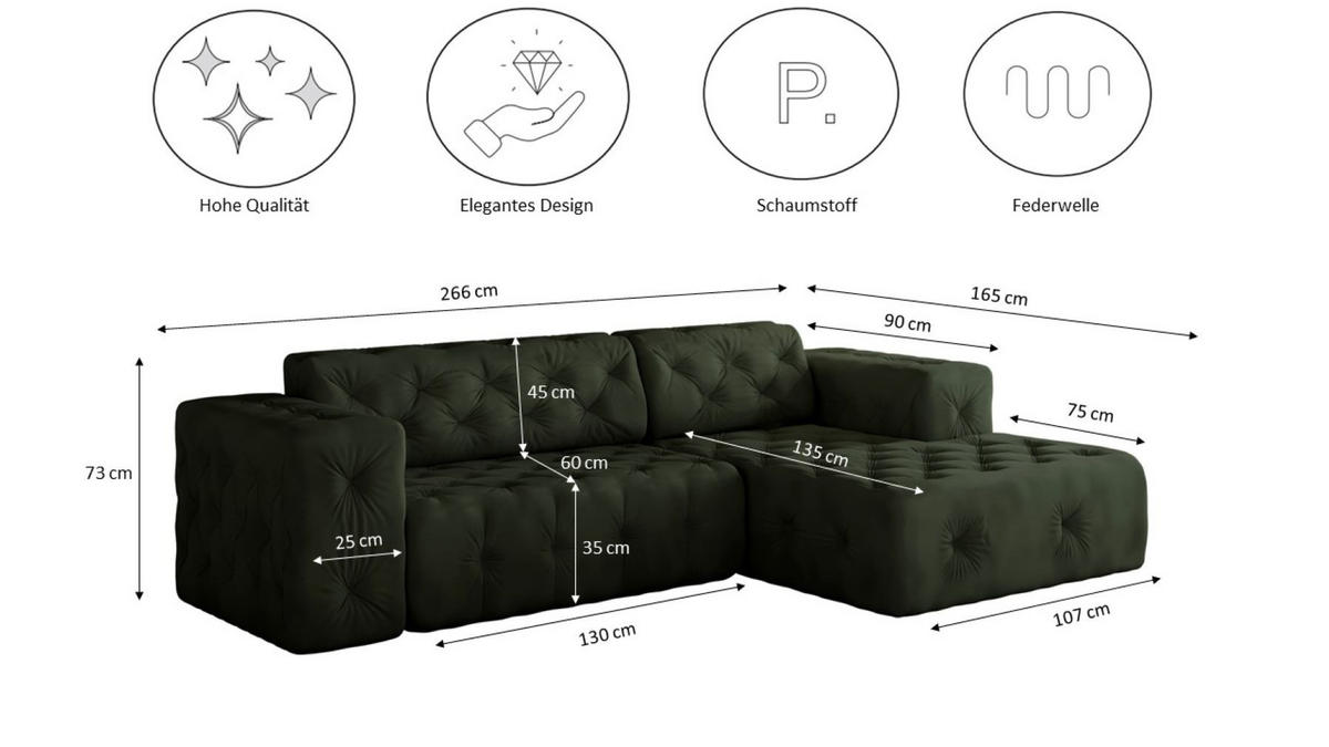 ECKSOFA L-Form Gesteppt LUX Stoff Whisper Rechts Grün - Grün, Holz/Kunststoff (266/165cm) - Kaiser Möbel