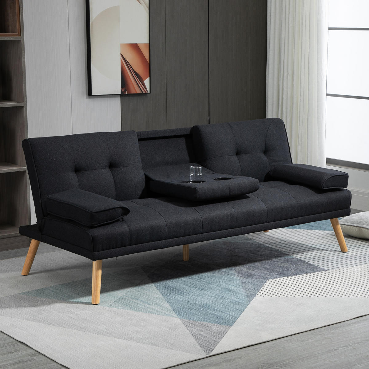 SCHLAFSOFA, 3-Sitzer-Schlafcouch mit Klappbarem Tisch, Becherhalter, Grau - Naturfarben/Grau, Holz/Textil (77/78/181cm) - HOMCOM