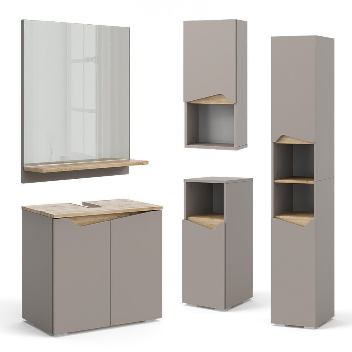 BADSCHRANK Marelle Greige 30 x 180 cm mit Türen, und offenen Fächern - Greige, Holzwerkstoff (30/180/35cm) - Vicco