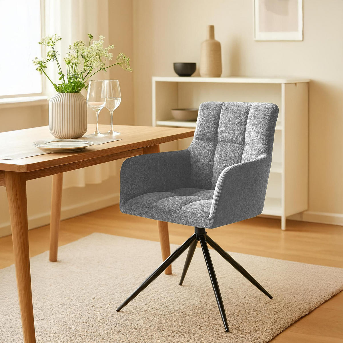 ARMLEHNENSTUHL 2er Set Stoff Hellgrau - Hellgrau/Schwarz, Textil/Metall (59/87/59cm) - CLP