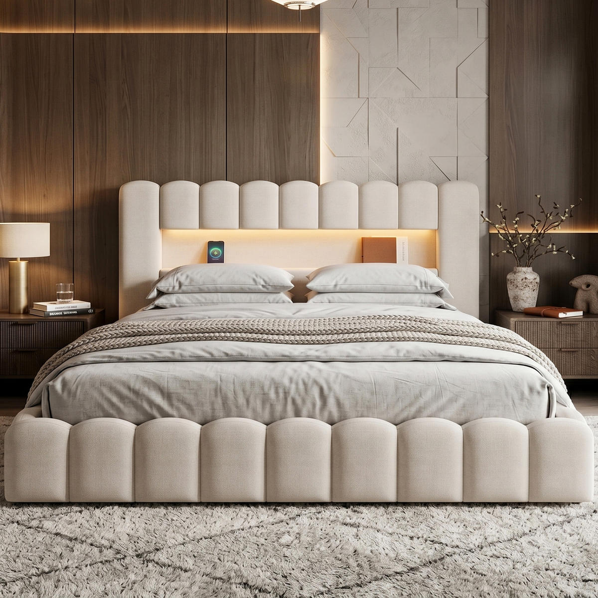 POLSTERBETT Modern 160/200 cm mit Bettkasten LED & USB Leinenoptik Beige - Beige, Textil (160/200cm) - Creahappy