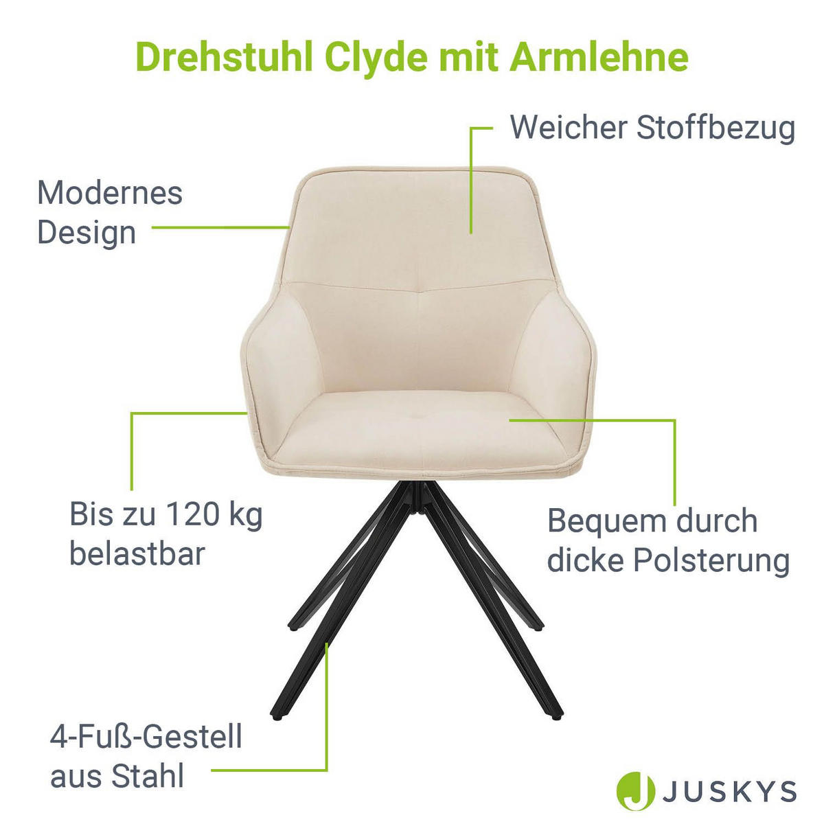 DREHSTUHL Clyde mit Armlehne samt beige (2er-Set) - Beige, Textil (57/85/61cm) - Juskys