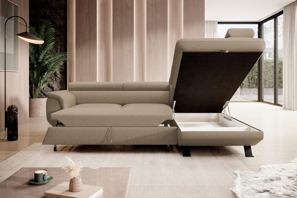 ECKSOFA Raven L mit Schlaffunktion und Bettkasten, Freistehend, Polstersofa mit Verstellbaren Kopfstützen, 257x198x96 cm – Rechte, Cappucino - Cappuccino, Holz/Textil (256/198cm) - DomoHome