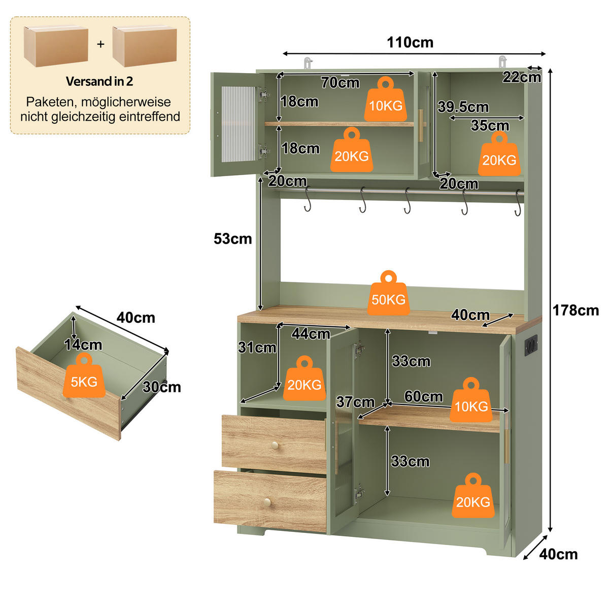 BUFFET 178 cm MDF Antikgrün Holzoptik mit RGB-LED und Glasfront - Hellgrün, Holzwerkstoff (40/178/110cm) - Korfee