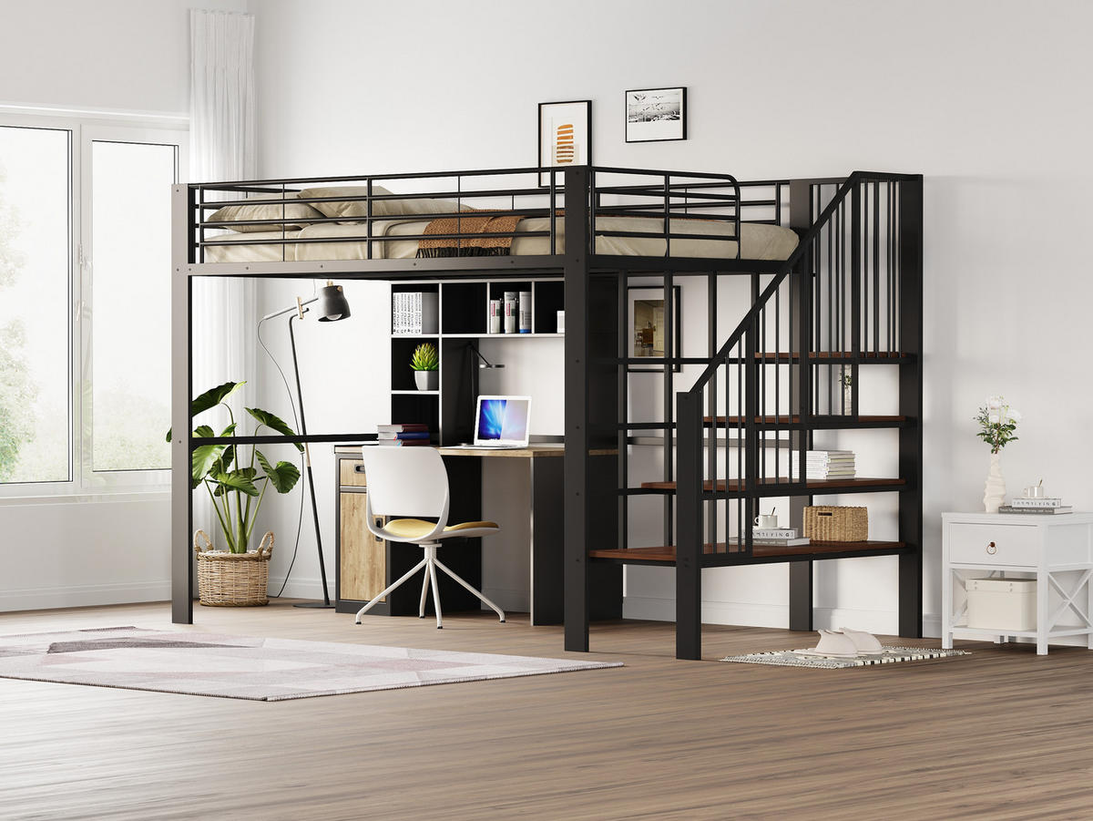HOCHBETT 140x200 cm Metall Treppe Stauraum - Schwarz, Metall (140/200cm) - LEBENLANG